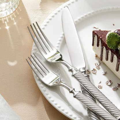 KINGSTONE Retro Rope-Pattern Silverware Set, 40-Piece Flatware Set Cutlery Set Forged with Handcrafted Texture Handles 18/10 Stainless Steel, Dishwasher Safe