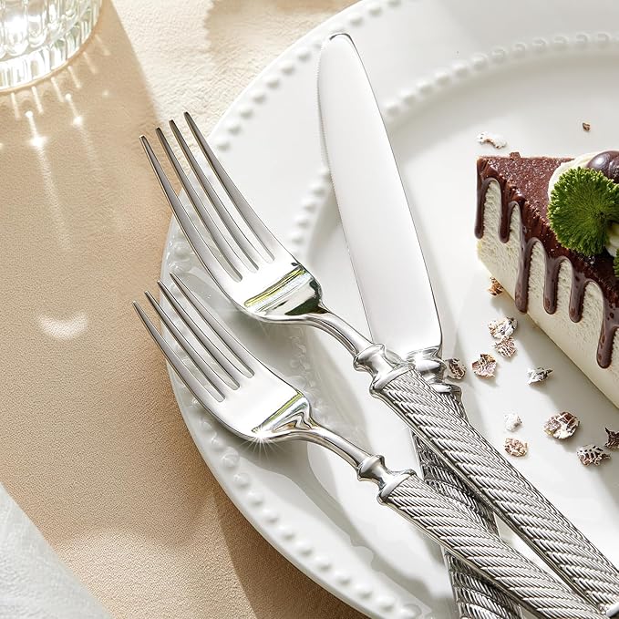 KINGSTONE Retro Rope-Pattern Silverware Set, 30-Piece Flatware Set Cutlery Set Forged with Handcrafted Texture Handles 18/10 Stainless Steel, Dishwasher Safe