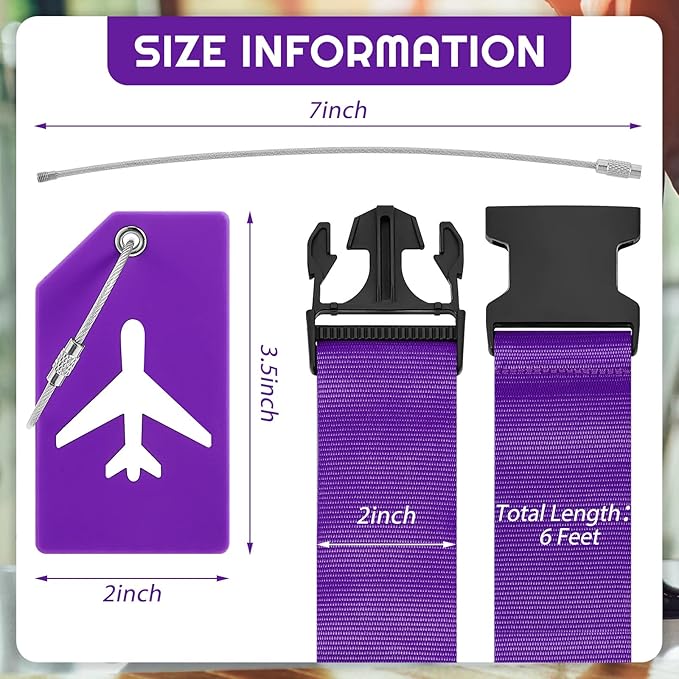 Weewooday 8 Pcs Luggage Straps Suitcase Tags Set for TSA Approved, 4 Travel Adjustable Suitcase Belt, 4 Silicone Luggage Tags with Name ID Card Travel Accessories(Dark Purple,Airplane)