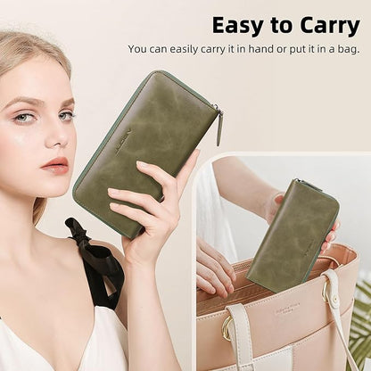 VISOUL Leather Long Zipper Pouch Wallet for Men and Women with RFID Blocking, Large Clutch Cash Long Wallet with Zipper (Olive Green)