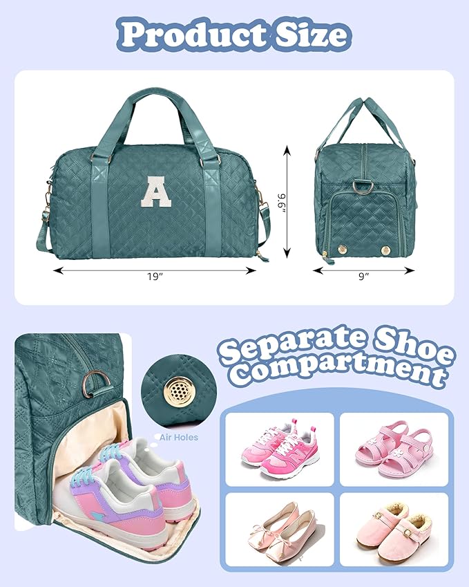 Initial Duffle Bag for Travel Women Girls Gift: Personalized Weekender bags, Dance Cheer bag Sports for Girl, Kid Gymnastics Bags, Birthday Gifts for Women Girls Kids Teens Mom Teacher