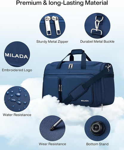 MILADA Carry On Luggage Bags for Travel Large Foldable Duffle Bag for Travel Lightweight Personal Bags for Airplanes Weekend Overnight Bags for Women Mens Travel Bag, Blue