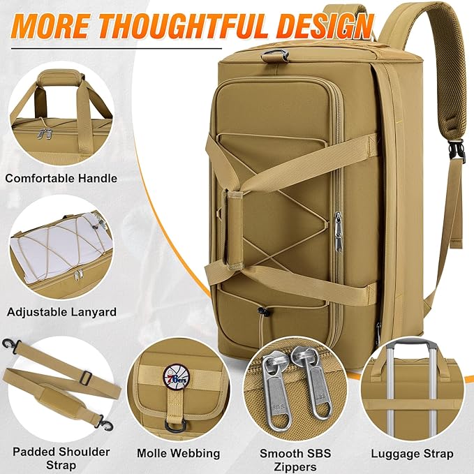 RAINSMORE Gym Bag for Men, 45L Sports Duffel Bag with Shoe Compartment Gym Backpack Carry On Weekender Bag Overnight Backpack Carry On,Khaki