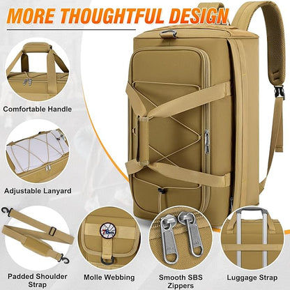 RAINSMORE Gym Bag for Men, 45L Sports Duffel Bag with Shoe Compartment Gym Backpack Carry On Weekender Bag Overnight Backpack Carry On,Khaki