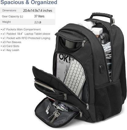 Extra Large Laptop Backpack for Men,37L Gaming Laptop Backpack,18.4Inch Travel Backpack with USB Charging Port, Business Flight Approved -Big Capacity Computer Bag College Bookbag, Black Black