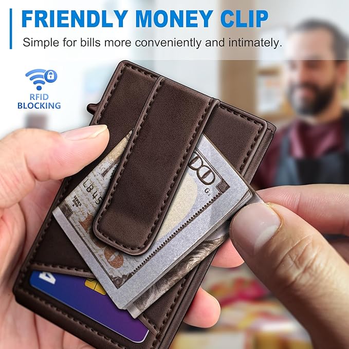 Airtag Wallet for Men,with Money Clip Gift Boxed,Slim Front Pocket Wallet RFID Blocking Metal Case Smart Pop-up Credit Card Holder in Magnetic Leather Flip