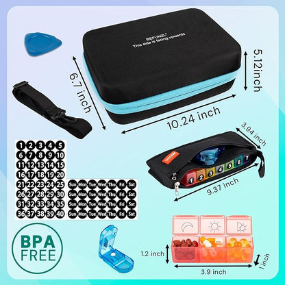 Monthly Pill Organizer 3 Times a Day, Medicine Organizer Box with Portable Hard Shell and Pill Cutter, 31 Day Pill Holder with Weekly Pill Bag(Blue, 3 Times a Day)