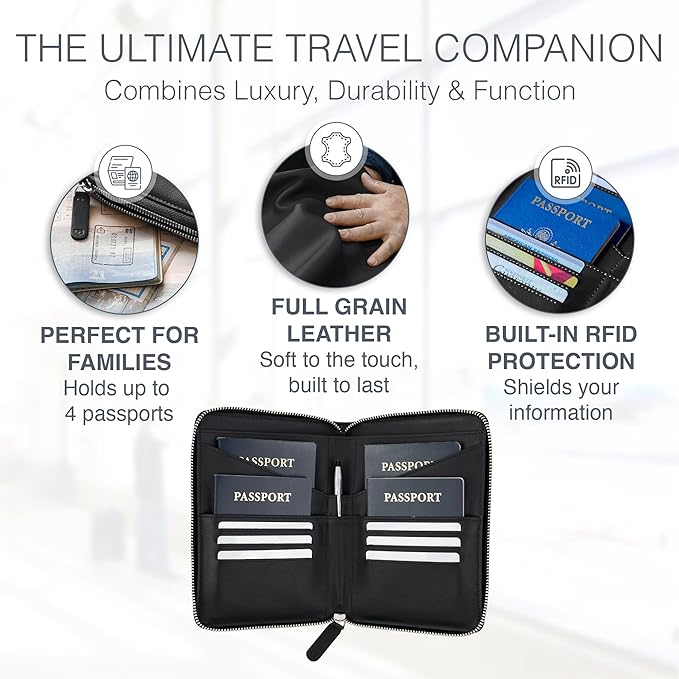 Full Grain Leather Family Passport Holder for 4 Passports - RFID Passport Holder and Travel Document Organizer - Large Leather Travel Wallet for Families - Black