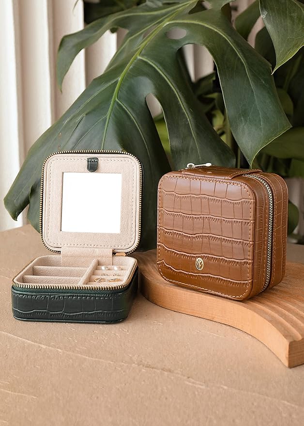 S.Leaf Travel Jewelry Organizer Boxes for Women Small Portable Necklace Earrings Bracelet Rings Travel Case Best Friend Birthday Gifts for Women Trendy (12_Pattern_Crocodile_Brown_01)