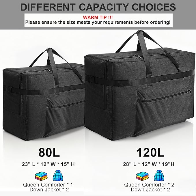 SUNUP Large Duffle Bag for Travel, 80L Foldable Travel Duffel Bag for Men Women, Waterproof Overnight Weekender Moving Storage Bags, Black