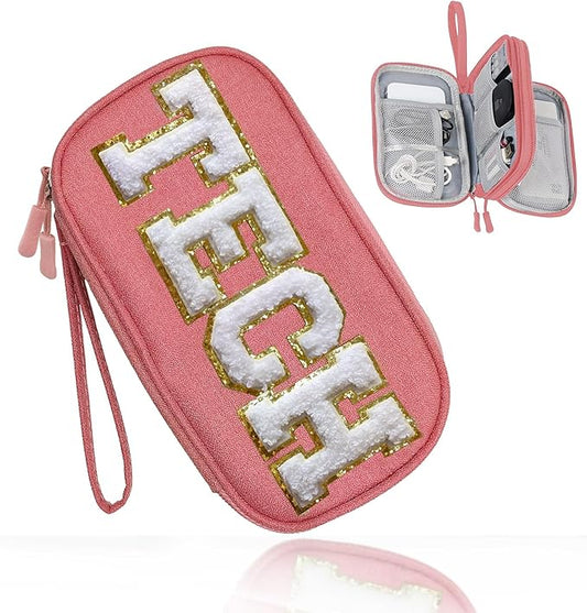 COSHAYSOO Cord Charger Organizer Travel Case Traveling Trip Gifts for Women TECH Bag Chenille Letter Pouch, Electronics Accessories Summer Camp College Dorm Essentials Must Have for Teen Girls Pink