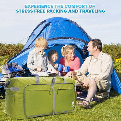 Bago Large Foldable Duffel Bags for Traveling Women & Men - 120L Packable Duffle Bag for Travel with Shoe Compartment - Water Repellant, Heavy Duty, Lightweight Folding & Collapsible (Green)