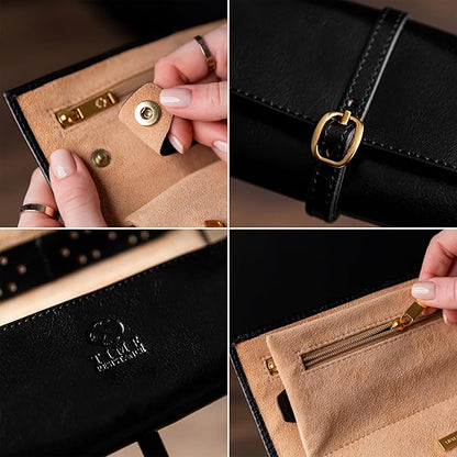 Time Resistance Leather Jewelry Roll - Full Grain Leather Travel Jewelry Case - Jewellery Organizer Made in Italy (Black)