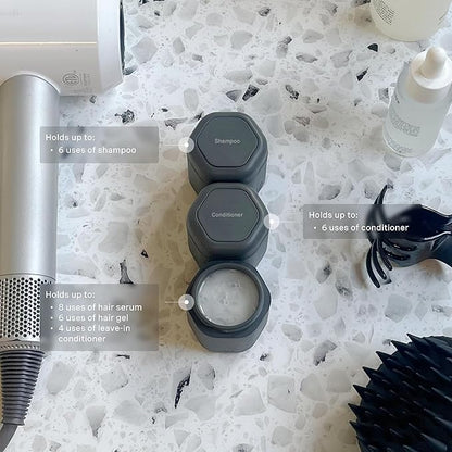 Cadence Travel Containers Haircare Capsule Set - Magnetic Containers with Lids,Carry On Travel Essentials For Women/Men - 3 Flex Mediums (1.32oz) - Shampoo, Conditioner & Comb Icon Labels - Charcoal