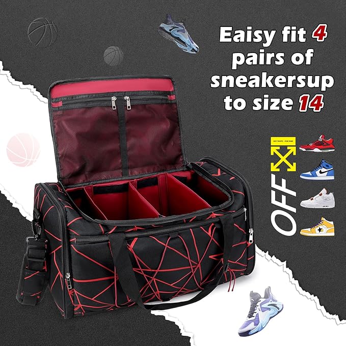 Sneaker Bag for Travel, Outdoor Sports Gym Bag Shoe Bags for 4 Pairs of Sneakers up to Size 14, Travel Duffel Bags with 3 Adjustable Dividers & Shoulder Strap, Sneakerhead Gift