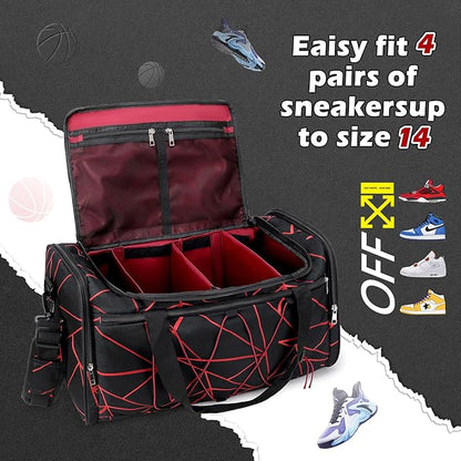 Sneaker Bag for Travel, Outdoor Sports Gym Bag Shoe Bags for 4 Pairs of Sneakers up to Size 14, Travel Duffel Bags with 3 Adjustable Dividers & Shoulder Strap, Sneakerhead Gift