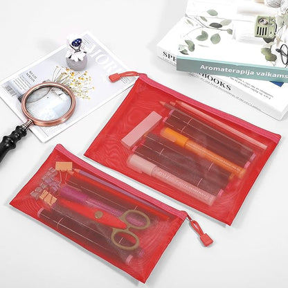 12 Pieces Zipper Nylon Mesh Pouch, Mesh Cosmetic Bags Makeup Bags Pencil Case, Multipurpose Travel Bags for Cosmetic School Office Supplies and Travel Accessories (Red, A5)