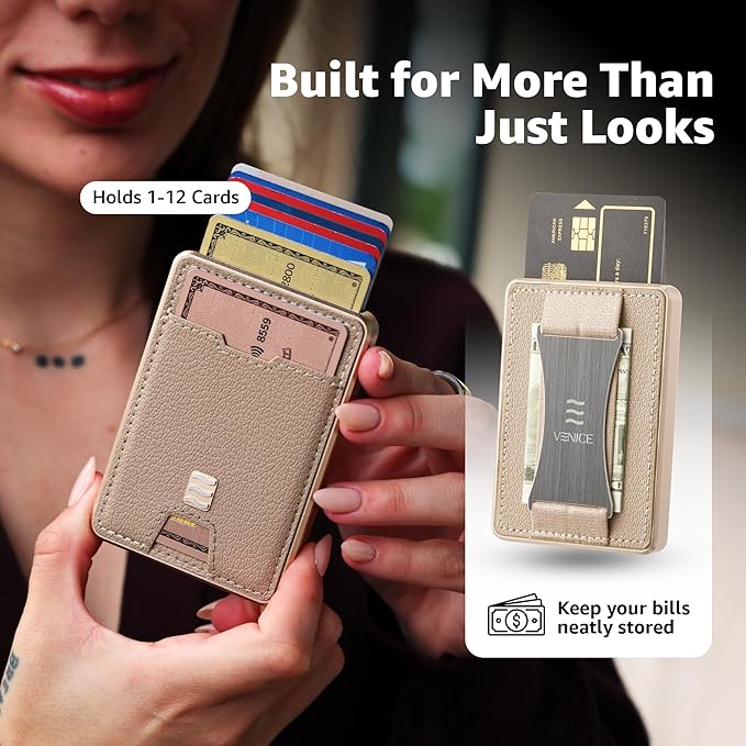 RFID Blocking Wallet, Minimalist Card Holder with Quick Access, Holds 1 to 12 Cards & Cash, Vegan Leather & Brushed Aluminum, Gift-Ready Packaging (Beige)