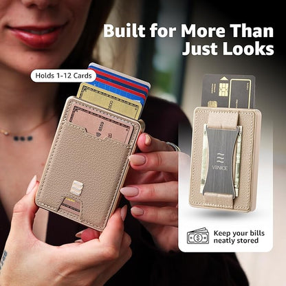 RFID Blocking Wallet, Minimalist Card Holder with Quick Access, Holds 1 to 12 Cards & Cash, Vegan Leather & Brushed Aluminum, Gift-Ready Packaging (Beige)