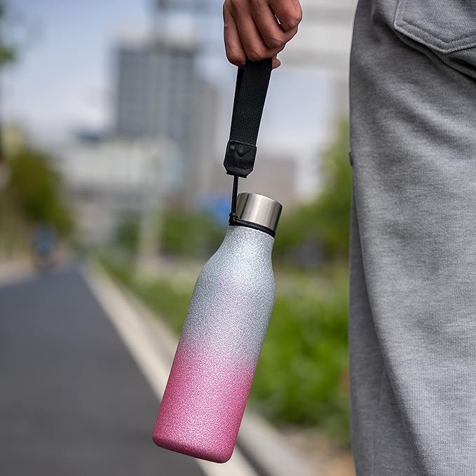 BJPKPK Insulated Water Bottles, 18 oz Stainless Steel Metal Water Bottle with Strap, BPA Free Leak Proof Jugs,Mugs,Flasks, Reusable Thermal Flasks for Sports & Travel,Sparkling Silver Pink