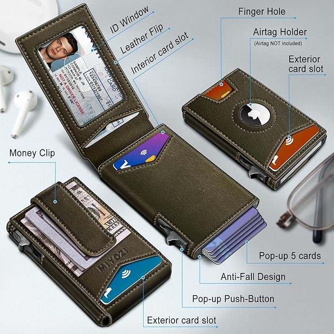 Airtag Wallet for Men,with Money Clip Gift Boxed,Slim Front Pocket Wallet RFID Blocking Metal Case Smart Pop-up Credit Card Holder in Magnetic Leather Flip