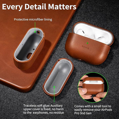 Belemay Handcrafted Full-Grain Vegetable-Tanned Leather Case for AirPods Pro 3rd Gen (2025), Two-Tone Effect, Natural Patina, Compatible with MagSafe, Compatible with Airpods Pro 3, Saddle Brown