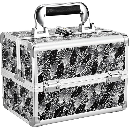 Joligrace Makeup Case Organizer Makeup Box Portable Cosmetic Train Case Hard Vanity Storage with 2 Trays Mirror Locking Make Up Travel Case for Cosmetics Nail Kits Travelling Organizer Modern Style