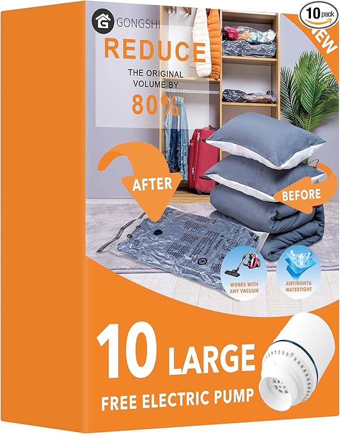 10 Large Vacuum Storage Bags with Electric Pump, Plastic Packaging Bags,Space Saver Bag for Clothes, Mattress, Blanket, Duvets, Pillows, Comforters, Travel