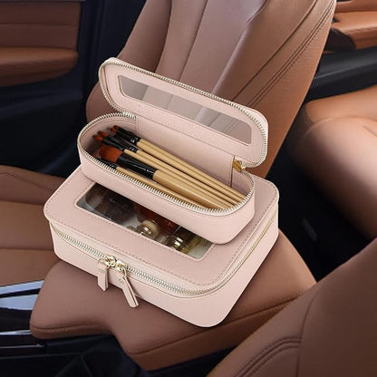 Pinkmik Travel Clear Makeup Bag with Brush Case TSA Approved Toiletry Bag Waterproof Cosmetic Organizer with Zipper Car Essential for Women (Pink, M+SLIM)