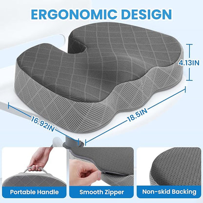 TushGuard Office/Car Seat Cushion, Non-Slip Sciatica & Back Coccyx Tailbone Pain Relief Chair Pad, Memory Foam Butt Pillow for Computer Desk, Wheelchair, Driving (Black&Grey, XX-Large)