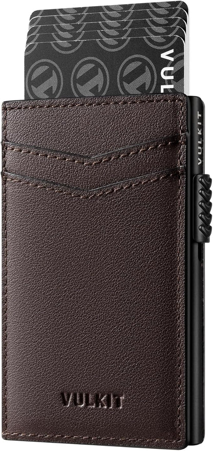 VULKIT Men's Slim Wallet Pop Up Card Holder RFID Blocking Metal Wallet Minimalist Design Holds Up to 11 Cards, Nappa Leather