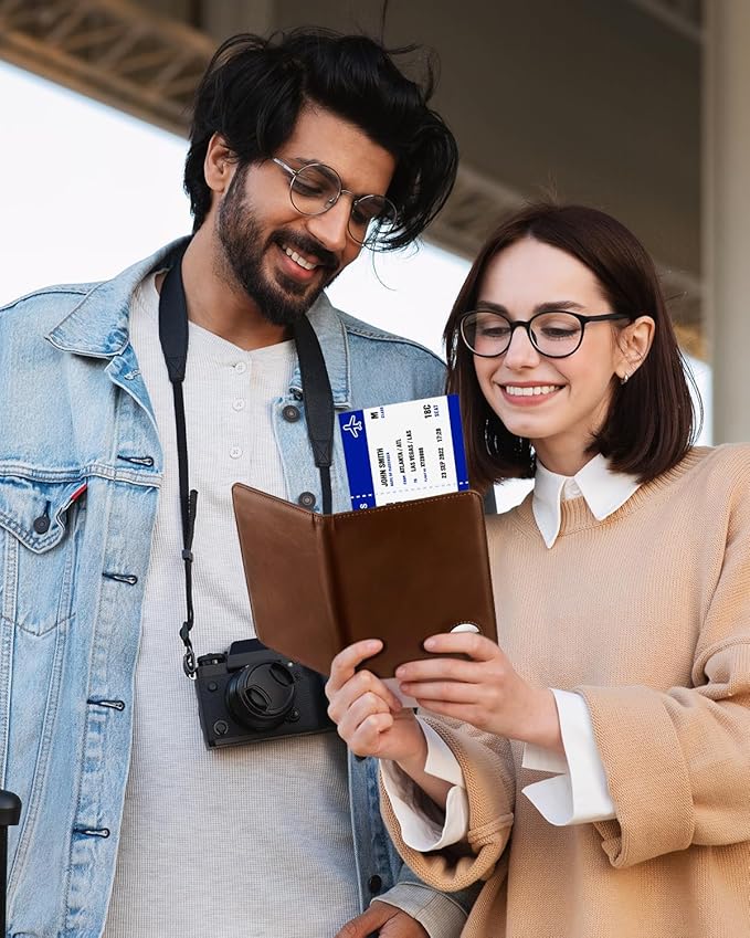 Passport Holder for Travel with AirTag Holder-Genuine Leather RFID Blocking Travel accessories with 6 Cards Slot&1ID Window,Magnetic Closure,Gift Box(Air Tag Not Included)