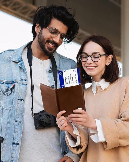 Passport Holder for Travel with AirTag Holder-Genuine Leather RFID Blocking Travel accessories with 6 Cards Slot&1ID Window,Magnetic Closure,Gift Box(Air Tag Not Included)