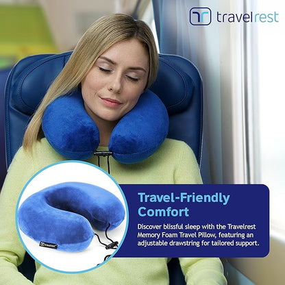 TRAVELREST Travel Essential Neck Pillow Curl - Memory Foam, Washable Micro-Fiber Cover, Soft and Comfortable Head Support for Long Flights, Compact, Attaches to Luggage, Airplanes, Cars, Bus - Blue