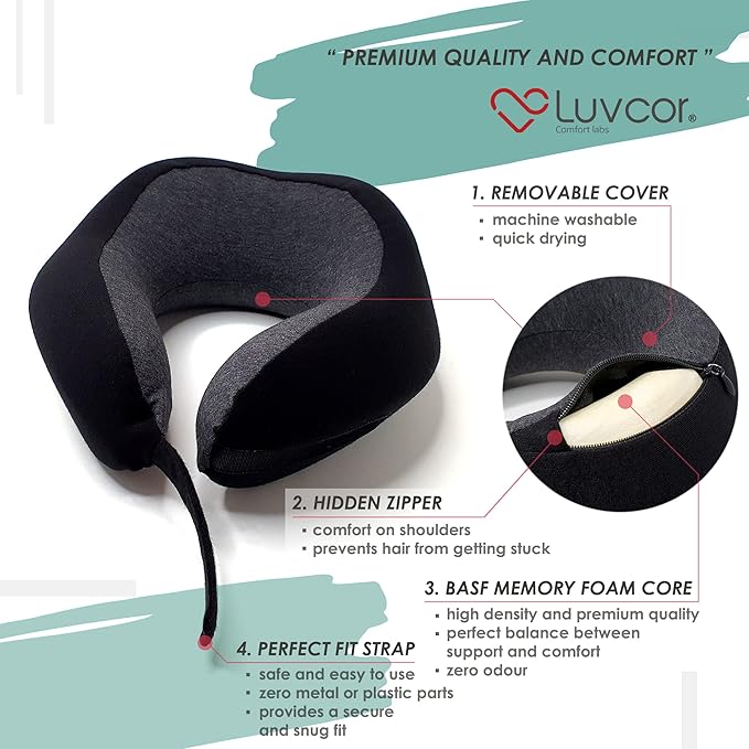 Premium Quality Memory Foam Travel Neck Pillow Bundle - Best Ergonomic Pillow for Airplane Travel, car Ride, Sleeping. Comes with Eye mask, earplugs and Storage Bag.(Stealth Black)