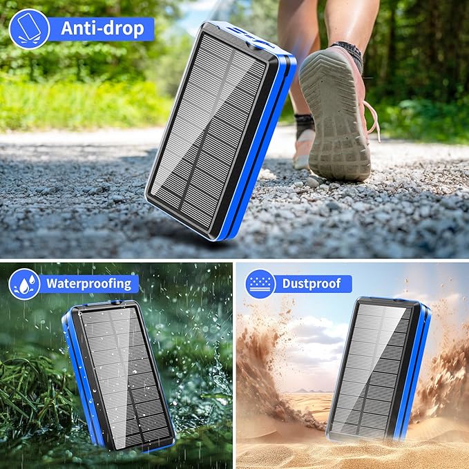 Solar Power Bank 52800mAh 5V/3A Fast Charging Battery Pack with Built in 4 Cables 2 Outputs & LED Flashlight for Cell Phone Camping and Hiking