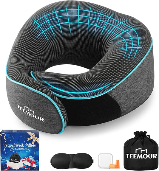 Travel Neck Pillow for Airplane -360° Support, Stocking Stuffers, Memory Foam Travel Pillows for Airplanes With Eye Mask & Earplugs, Portable Carry Bag for Long Flights/Car| Best Airplane Accessories