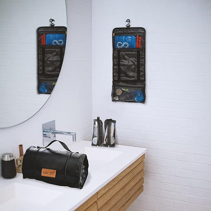 Toiletry Bag Can Hanging Small Roll-Up Makeup Organizer Bag with 3 Detachable Transparent Mesh Folding Cosmetic Travel Bags for Women & Men Black Toiletries Organizer Bag Gym Camping Grooming, Black