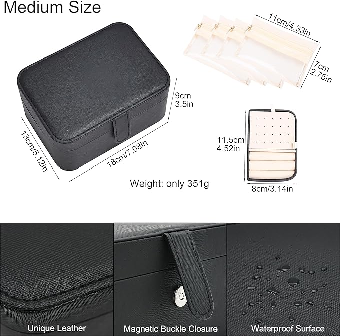2 Layer Portable Jewelry Box, Large Jewelry Travel Case with 4 Jewelry Pouches, Medium Size Jewelry Organizer Box for Earrings, Necklaces, Bracelets (black)