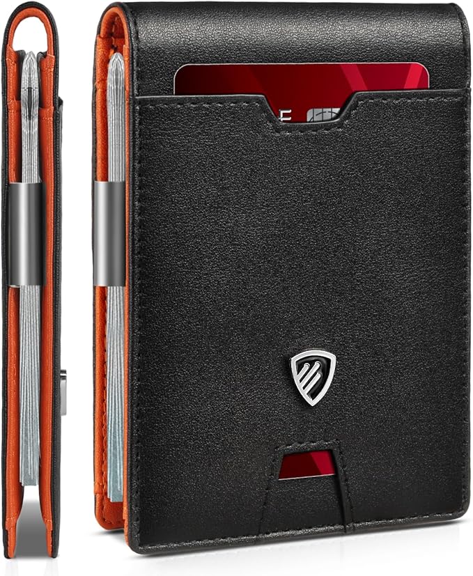 RUNBOX Mens Slim Wallet with Money Clip RFID Blocking Bifold Credit Card Holder for Men with Gift Box