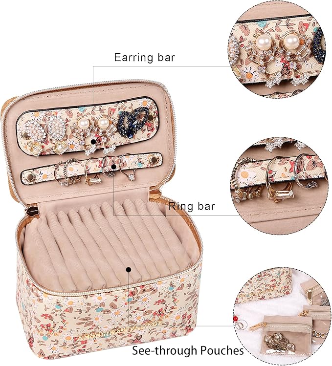 Angelina's Palace Jewelry Organizer Case Bridesmaid Gifts Travel Bag Vegan Leather Box for Necklace Earring Bracelet Ring(blossom tan)