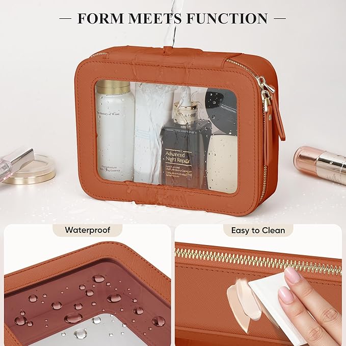 Clear Makeup Bag, Travel Toiletry Bag Cosmetic Case for Women, Waterproof Portable Make Up Skincare Pouch with Zipper, Compact Car Organizer Bag for Essentials, Mini & Medium, Brown