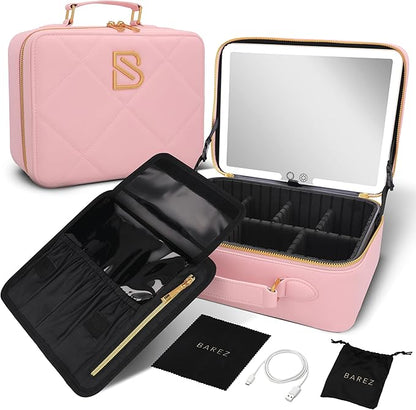 BAREZ Premium PU Leather Makeup Bag With LED Mirror - 3 Brightness Mirror Light Settings - Adjustable Dividers - Removable Mirror Waterproof Cosmetic Travel Bag - A Luxury Gift for Her (Pink)