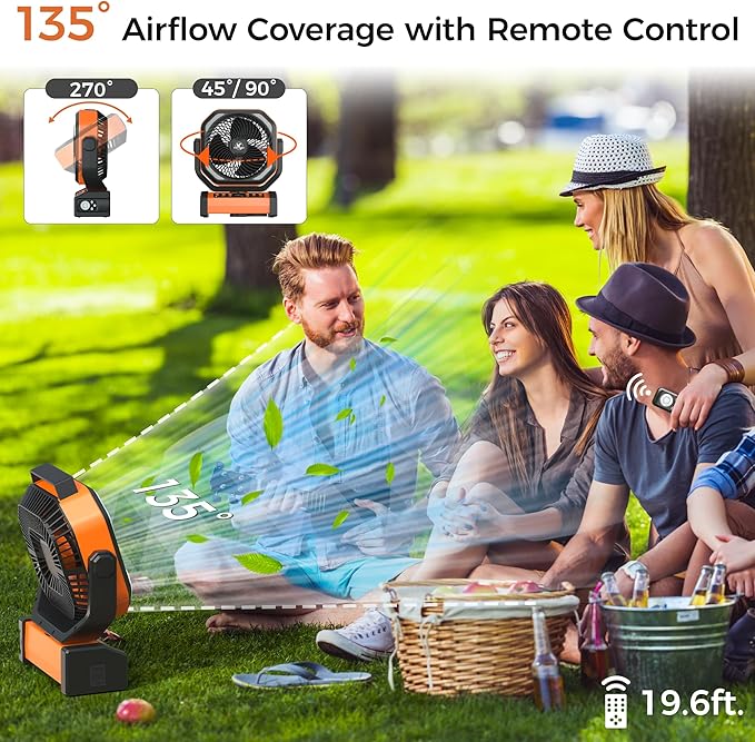 Camping Fan with Light - 20000mAh Rechargeable Battery Fan, 112Hrs Max Run Time, 8 Speeds, Digital Display, Timer, Auto Oscillation, 270° Pivot & Hook for Camping, Power Outage, Hurricane (Orange)