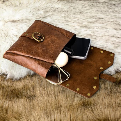Renaissance Belt Pouch Viking Leather Medieval Belt Waist Bag Pirate Cosplay Festival Halloween Adjustable Accessories (Pouch-Brown)