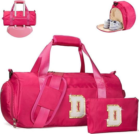 Teen Girl Gifts, Girls Travel Duffel Bag, Kids Initial Overnight Bags with Shoe Compartment, Customized Sport Gym Weekender Bag with Makeup Pouch, Holiday Gift for Teenager (Letter D)
