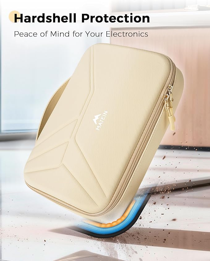MATEIN Hardcase Electronics Organizer for Women, Hardshell Tech Travel Bag Shockproof Portable Cable Organizer Bag, Waterproof Electronics Travel Case for Cord, Charger, Power Bank, Apricot
