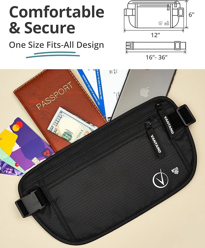 Vantamo Money Belt with RFID For Men & Women, Hidden Passport Holder for Travel, 2 Compartment Travel Fanny Pack for Women Anti Theft