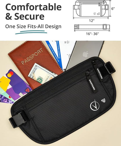 Vantamo Money Belt with RFID For Men & Women, Hidden Passport Holder for Travel, 2 Compartment Travel Fanny Pack for Women Anti Theft