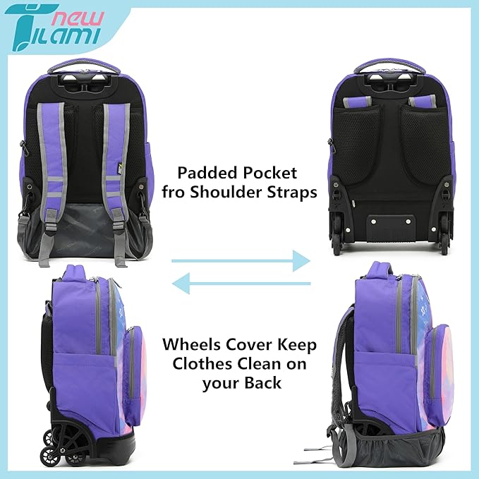 NEW TILAMI 18 Inch Rolling Backpack with Wheels for Girls Boys Kids Laptop Backpack School Travel, PurpleSky